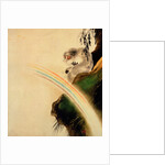Gibbon seated on a rock with rainbow in foreground by Shibata Zeshin