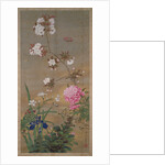 Peony, iris, cherry blossom and a butterfly, 1828 by Abe Kan Torin