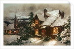 Church and Cottage with Lighted Windows by School English