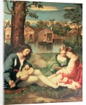 Youth with a guitar and two girls sitting on a river bank by Giorgione