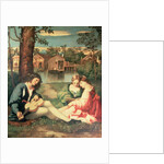 Youth with a guitar and two girls sitting on a river bank by Giorgione