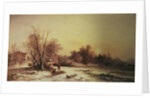Winter scene: Collecting wood on a river bank by George Augustus Williams