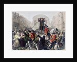 View of Daniel Defoe in the pillory at Temple Bar surrounded by a crowd by Eyre (after) Crowe