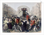 View of Daniel Defoe in the pillory at Temple Bar surrounded by a crowd by Eyre (after) Crowe