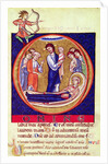 Historiated initial depicting the death of the Virgin, from an unknown manuscript, 12th-13th century by School European