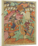 Duel on horseback between Rostam and Afrasiab by Persian School