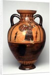 Black figure vase depicting Athena brandising a shield and spear, 550 BC by Greek school