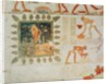 Wall painting depicting two men collecting water from a square lake surrounded by trees and slaves making bricks by Egyptian 18th Dynasty