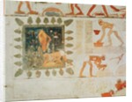 Wall painting depicting two men collecting water from a square lake surrounded by trees and slaves making bricks by Egyptian 18th Dynasty