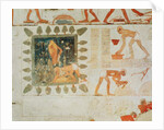 Wall painting depicting two men collecting water from a square lake surrounded by trees and slaves making bricks by Egyptian 18th Dynasty