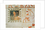 Wall painting depicting two men collecting water from a square lake surrounded by trees and slaves making bricks by Egyptian 18th Dynasty