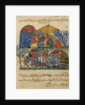 Ms C-23 f.43b, An old man and a young man in front of the tents of the rich pilgrims by Persian School