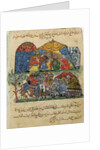 Ms C-23 f.43b, An old man and a young man in front of the tents of the rich pilgrims by Persian School