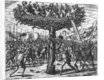 Indians in a Tree Hurling Projectiles at the Spanish by Theodor de Bry