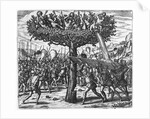 Indians in a Tree Hurling Projectiles at the Spanish by Theodor de Bry