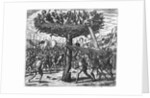 Indians in a Tree Hurling Projectiles at the Spanish by Theodor de Bry