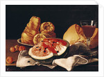 Glass of Wine, Watermelon and Bread by Luis Egidio Menendez or Melendez