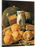 Still Life of Oranges, Watermelon, a Pot and Boxes of Cake by Luis Egidio Menendez or Melendez