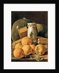 Still Life of Oranges, Watermelon, a Pot and Boxes of Cake by Luis Egidio Menendez or Melendez