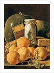Still Life of Oranges, Watermelon, a Pot and Boxes of Cake by Luis Egidio Menendez or Melendez