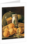 Still Life of Oranges, Watermelon, a Pot and Boxes of Cake by Luis Egidio Menendez or Melendez