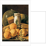 Still Life of Oranges, Watermelon, a Pot and Boxes of Cake by Luis Egidio Menendez or Melendez