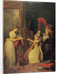 Harp lesson given by Madame de Genlis to Mademoiselle d'Orleans with Mademoiselle Pamela Turning the Pages, c.1842 by Jean Baptiste Mauzaisse