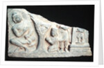 Detail of a relief frieze depicting a seated Buddha with orants, Greco-Buddhist style, from Taxila, Pakistan, 1st-4th century by School Pakistani