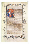 Ms.239 fol.1 Page with a historiated Initial depicting a seated man before the Wheel of Fortune by French School