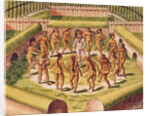 Dancing around a captive before the hut containing the Tamerkas or idols by Theodor de Bry