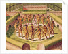 Dancing around a captive before the hut containing the Tamerkas or idols by Theodor de Bry