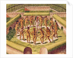 Dancing around a captive before the hut containing the Tamerkas or idols by Theodor de Bry