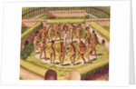 Dancing around a captive before the hut containing the Tamerkas or idols by Theodor de Bry