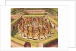 Dancing around a captive before the hut containing the Tamerkas or idols by Theodor de Bry