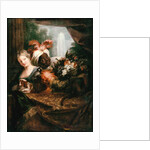 Young Black Man Holding a Basket of Fruit and a Young Girl Stroking a Dog by Antoine Coypel