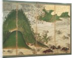 Spring Landscape with Sun, part of a six panel folding screen by School Japanese