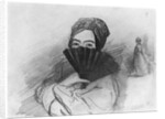 Portrait of George Sand behind her fan by Alfred de Musset
