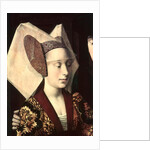 St. Eligius as a goldsmith showing a ring to the engaged couple, detail of the fiancee, 1449 by Petrus Christus