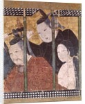 Two men and a woman behind an awning by School Japanese
