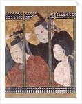 Two men and a woman behind an awning by School Japanese