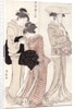 Young woman wearing a wide straw hat, followed by a servant and a companion carrying a 'furoshiki' by Torii Kiyonaga