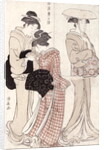 Young woman wearing a wide straw hat, followed by a servant and a companion carrying a 'furoshiki' by Torii Kiyonaga
