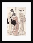 Young woman wearing a wide straw hat, followed by a servant and a companion carrying a 'furoshiki' by Torii Kiyonaga