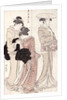 Young woman wearing a wide straw hat, followed by a servant and a companion carrying a 'furoshiki' by Torii Kiyonaga
