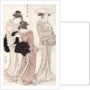 Young woman wearing a wide straw hat, followed by a servant and a companion carrying a 'furoshiki' by Torii Kiyonaga
