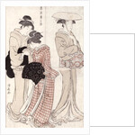 Young woman wearing a wide straw hat, followed by a servant and a companion carrying a 'furoshiki' by Torii Kiyonaga