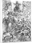 Scene from the Apocalypse, The woman clothed with the sun and the seven-headed dragon, Latin edition, 1511 by Albrecht Dürer or Duerer