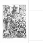 Scene from the Apocalypse, The woman clothed with the sun and the seven-headed dragon, Latin edition, 1511 by Albrecht Dürer or Duerer