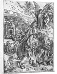 Scene from the Apocalypse, The angel holding the keys of the abyss and a big chain, enchains the dragon for a thousand years by Albrecht Dürer or Duerer