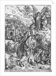 Scene from the Apocalypse, The angel holding the keys of the abyss and a big chain, enchains the dragon for a thousand years by Albrecht Dürer or Duerer